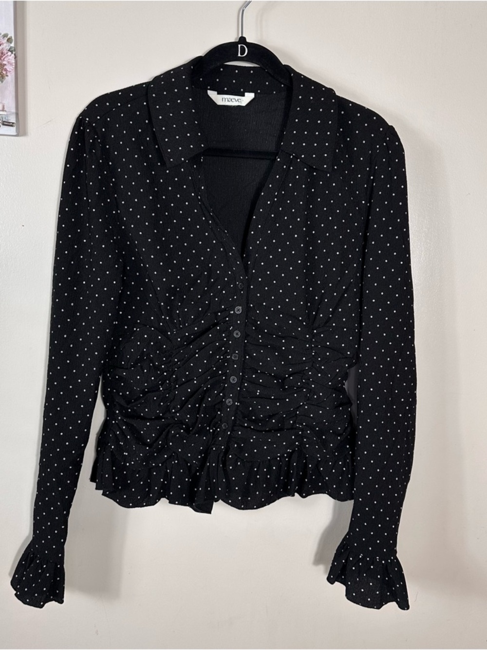 Maeve Black Polka Dot Ruched Button-Up Blouse